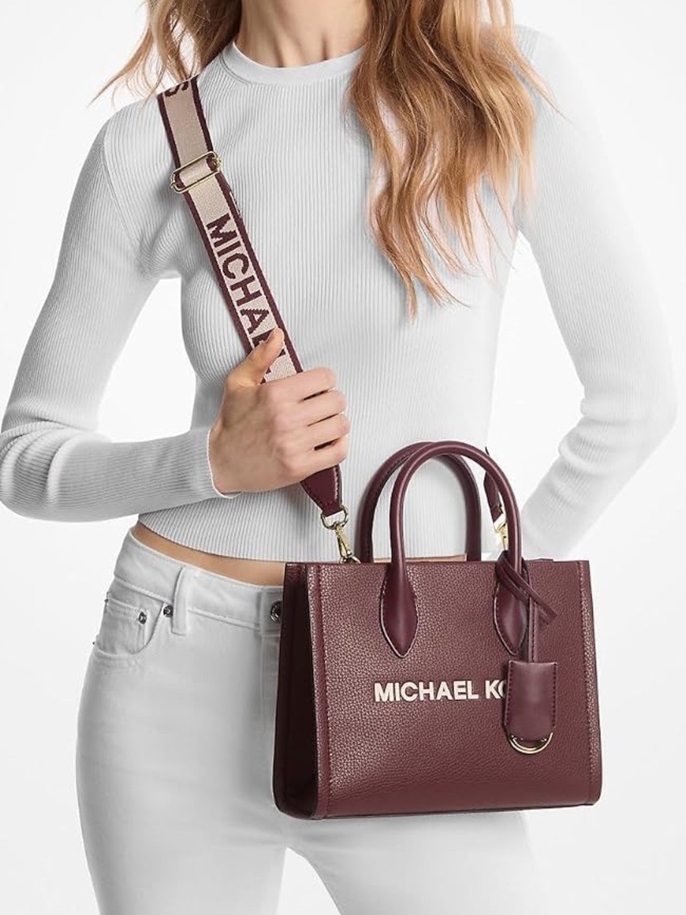 Michael Kors Wine Leather Structured Satchel with Logo Strap